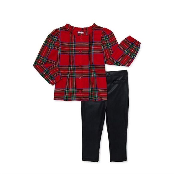Nwt Girls Outfit, Button down Christmas Plaid Shirt and Faux leather Pants - Picture 1 of 10
